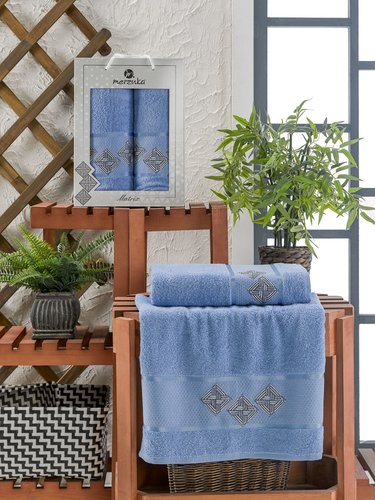Подарочный набор полотенец для ванной 50х90, 70х140 Merzuka MATRIX хлопковая махра голубой, фото, фотография