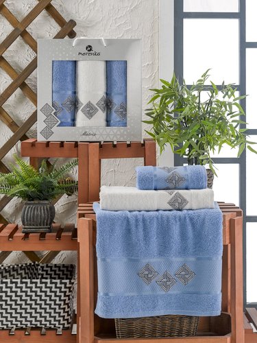 Подарочный набор полотенец для ванной 50х90(2), 70х140(1) Merzuka MATRIX хлопковая махра голубой, фото, фотография