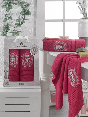 Подарочный набор полотенец для ванной 50х80, 70х130 Merzuka BOSS хлопковая махра бордовый, фото, фотография