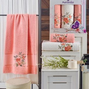 Подарочный набор полотенец для ванной 50х90(2), 70х140(1) Merzuka DREAMS FLOWER хлопковая махра оранжевый