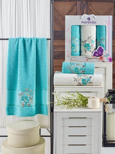Подарочный набор полотенец для ванной 50х90(2), 70х140(1) Merzuka DREAMS FLOWER хлопковая махра бирюзовый, фото, фотография