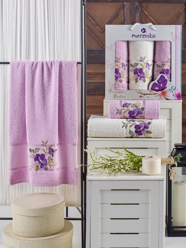 Подарочный набор полотенец для ванной 50х90(2), 70х140(1) Merzuka DREAMS FLOWER хлопковая махра сиреневый, фото, фотография