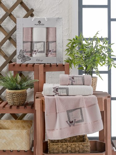 Подарочный набор полотенец для ванной 50х90(2), 70х140(1) Merzuka CLASSY хлопковая махра светло-розовый, фото, фотография