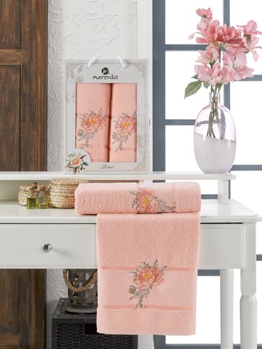 Подарочный набор полотенец для ванной 50х90, 70х140 Merzuka LOTUS хлопковая махра оранжевый, фото, фотография