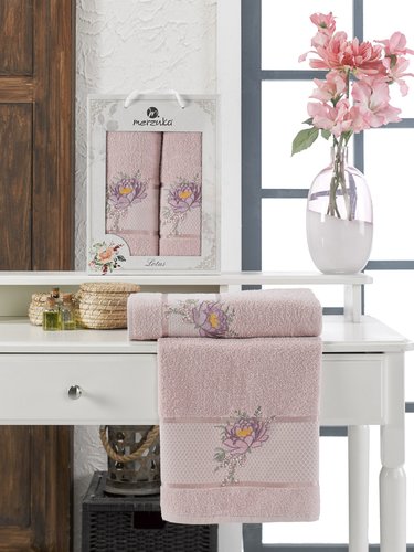 Подарочный набор полотенец для ванной 50х90, 70х140 Merzuka LOTUS хлопковая махра светло-розовый, фото, фотография