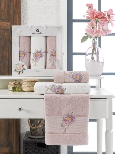 Подарочный набор полотенец для ванной 50х90(2), 70х140(1) Merzuka LOTUS хлопковая махра светло-розовый, фото, фотография