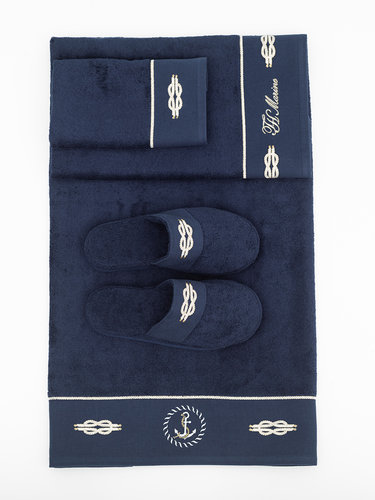 Подарочный набор полотенец для ванной 3 пр. + тапочки Tivolyo Home MARINE TOWEL хлопковая махра тёмно-синий, фото, фотография