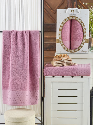 Подарочный набор полотенец для ванной 50х90, 70х140 Two Dolphins LENNY хлопковая махра лиловый, фото, фотография