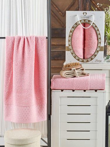 Подарочный набор полотенец для ванной 50х90, 70х140 Two Dolphins LENNY хлопковая махра розовый, фото, фотография