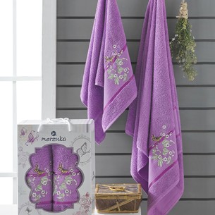 Подарочный набор полотенец для ванной 50х90, 70х140 Merzuka PAPILLON хлопковая махра фиолетовый