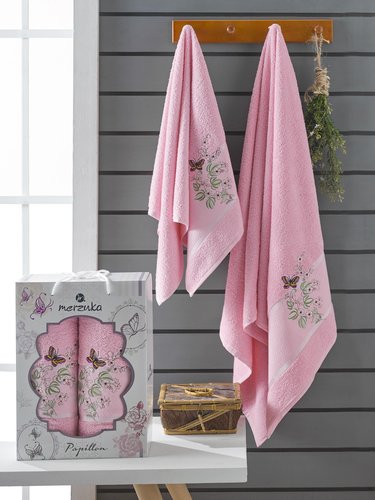 Подарочный набор полотенец для ванной 50х90, 70х140 Merzuka PAPILLON хлопковая махра розовый, фото, фотография