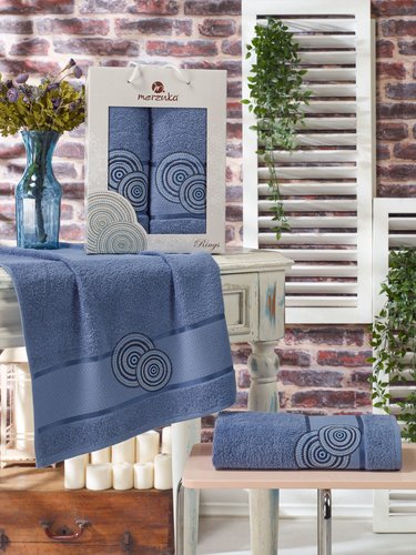 Подарочный набор полотенец для ванной 50х90, 70х140 Merzuka RINGS хлопковая махра темно-голубой, фото, фотография