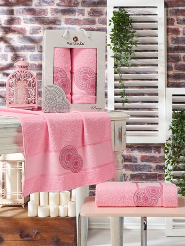 Подарочный набор полотенец для ванной 50х90, 70х140 Merzuka RINGS хлопковая махра розовый, фото, фотография