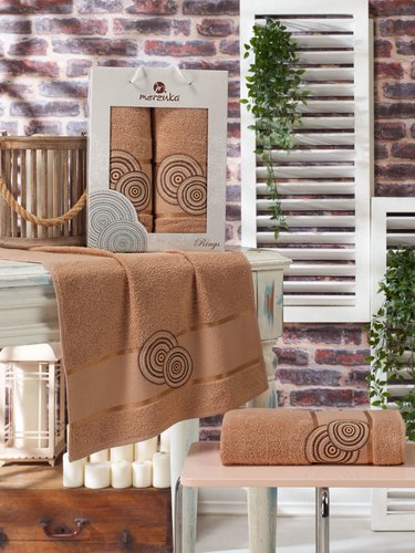 Подарочный набор полотенец для ванной 50х90, 70х140 Merzuka RINGS хлопковая махра коричневый, фото, фотография