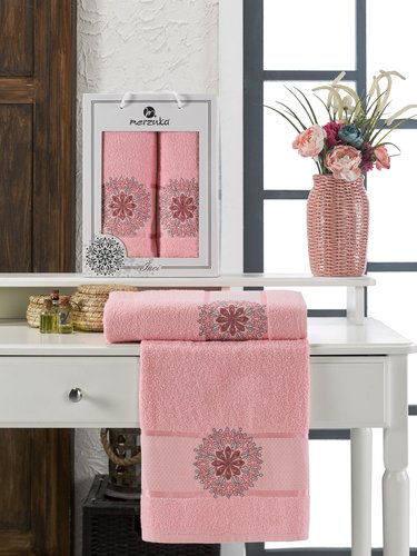 Подарочный набор полотенец для ванной 50х90, 70х140 Merzuka INCI хлопковая махра розовый, фото, фотография