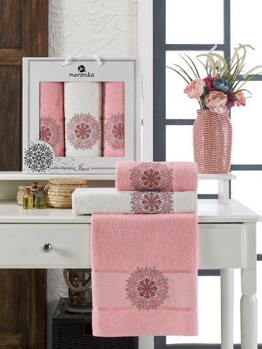 Подарочный набор полотенец для ванной 50х90(2), 70х140(1) Merzuka INCI хлопковая махра розовый, фото, фотография