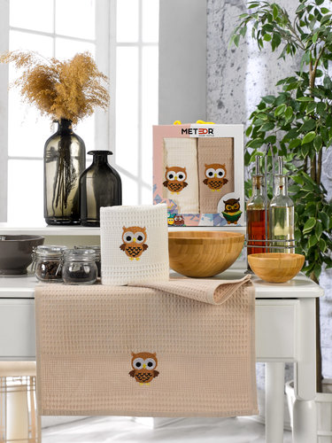 Подарочный набор полотенец для кухни 40х60(2) Meteor BIONCE хлопковая вафля сова, фото, фотография