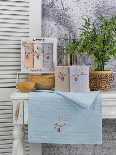 Подарочный набор полотенец для кухни 40х60(3) Meteor BIONCE хлопковая вафля птица, фото, фотография