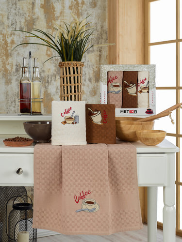 Подарочный набор полотенец для кухни 40х60(3) Meteor BIONCE хлопковая вафля кофе, фото, фотография