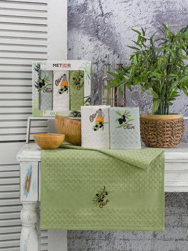 Подарочный набор полотенец для кухни 40х60(3) Meteor BIONCE хлопковая вафля оливка, фото, фотография