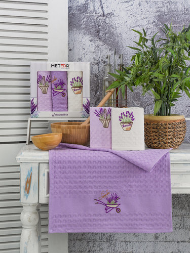 Подарочный набор полотенец для кухни 40х60(3) Meteor BIONCE хлопковая вафля лаванда, фото, фотография