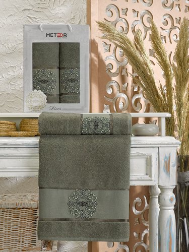 Подарочный набор полотенец для ванной 50х90, 70х140 Meteor DIVES хлопковая махра хаки, фото, фотография