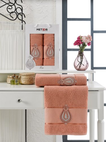 Подарочный набор полотенец для ванной 50х90, 70х140 Meteor ECE хлопковая махра персиковый, фото, фотография