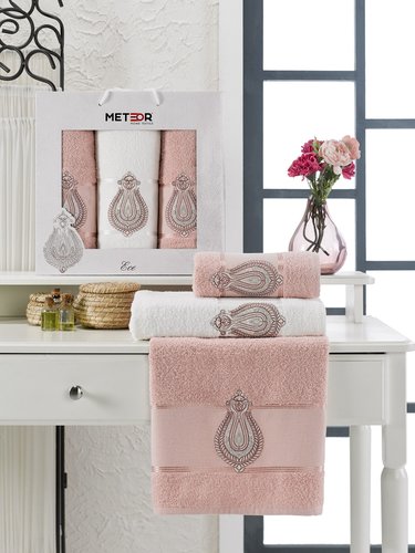 Подарочный набор полотенец для ванной 50х90(2), 70х140(1) Meteor ECE хлопковая махра розовый, фото, фотография