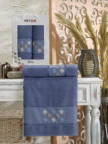 Подарочный набор полотенец для ванной 50х90, 70х140 Meteor HELIX хлопковая махра тёмно-голубой, фото, фотография