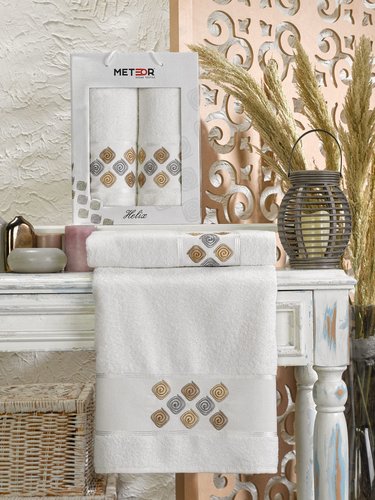 Подарочный набор полотенец для ванной 50х90, 70х140 Meteor HELIX хлопковая махра кремовый, фото, фотография