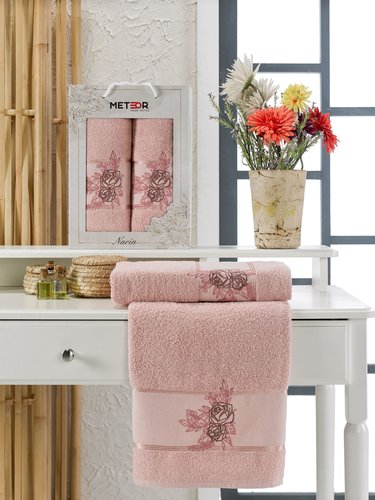 Подарочный набор полотенец для ванной 50х90, 70х140 Meteor NARIN хлопковая махра розовый, фото, фотография