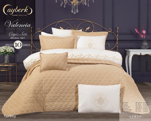 Набор для спальни с покрывалом и декоративными наволочками AYBERK VALENCIA хлопковый сатин бежевый евро, фото, фотография
