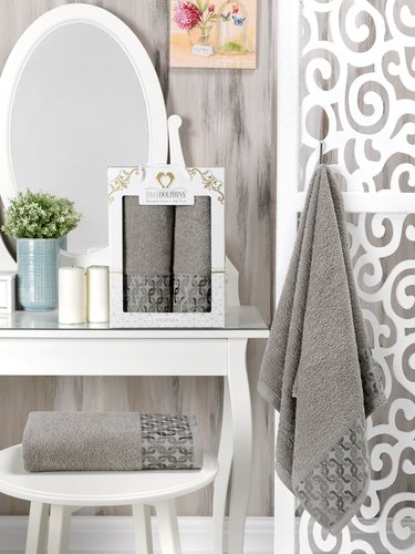 Подарочный набор полотенец для ванной 50х90, 70х140 Two Dolphins VESPIRA хлопковая махра серый, фото, фотография