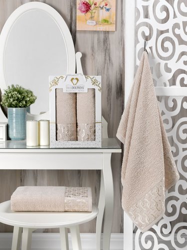 Подарочный набор полотенец для ванной 50х90, 70х140 Two Dolphins VESPIRA хлопковая махра бежевый, фото, фотография