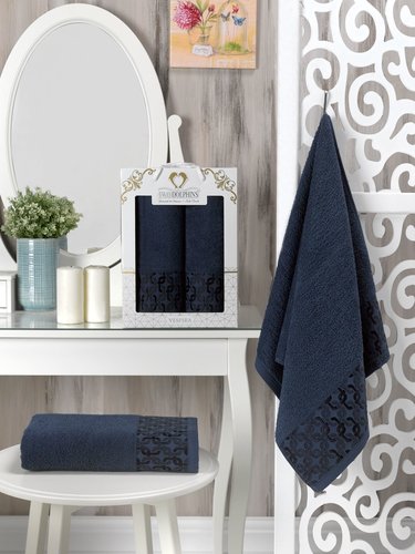 Подарочный набор полотенец для ванной 50х90, 70х140 Two Dolphins VESPIRA хлопковая махра синий, фото, фотография