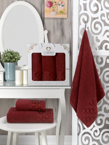 Подарочный набор полотенец для ванной 50х90(2), 70х140(1) Two Dolphins VESPIRA хлопковая махра бордовый, фото, фотография