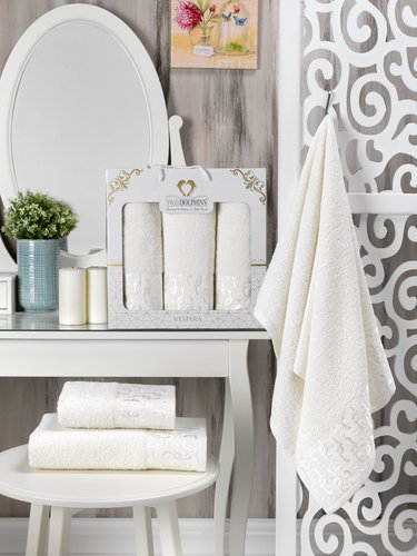 Подарочный набор полотенец для ванной 50х90(2), 70х140(1) Two Dolphins VESPIRA хлопковая махра кремовый, фото, фотография