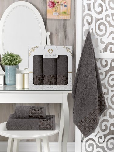 Подарочный набор полотенец для ванной 50х90(2), 70х140(1) Two Dolphins VESPIRA хлопковая махра шоколадный, фото, фотография