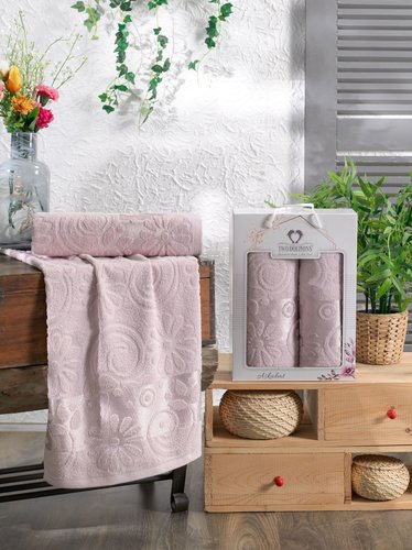 Подарочный набор полотенец для ванной 50х90, 70х140 Two Dolphins ASKABAT хлопковая махра светло-розовый, фото, фотография