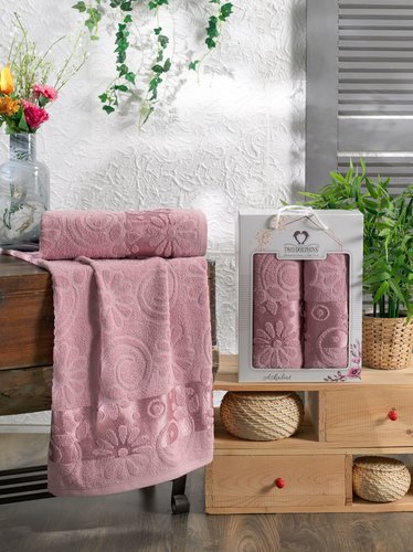 Подарочный набор полотенец для ванной 50х90, 70х140 Two Dolphins ASKABAT хлопковая махра брусничный, фото, фотография