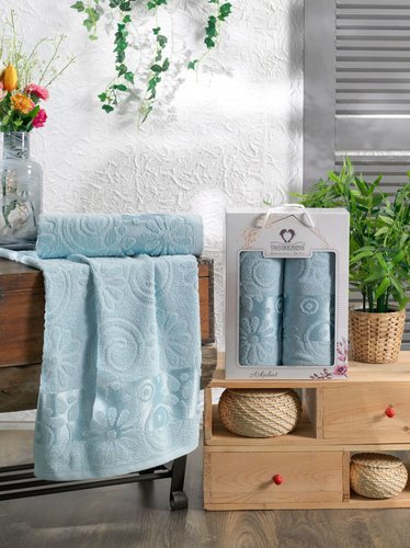 Подарочный набор полотенец для ванной 50х90, 70х140 Two Dolphins ASKABAT хлопковая махра бирюзовый, фото, фотография