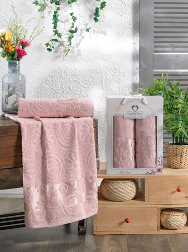 Подарочный набор полотенец для ванной 50х90, 70х140 Two Dolphins ASKABAT хлопковая махра пудра, фото, фотография