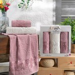 Подарочный набор полотенец для ванной 50х90(2), 70х140(1) Two Dolphins ASKABAT хлопковая махра брусничный, фото, фотография