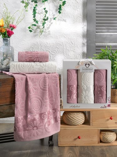 Подарочный набор полотенец для ванной 50х90(2), 70х140(1) Two Dolphins ASKABAT хлопковая махра брусничный, фото, фотография