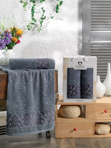Подарочный набор полотенец для ванной 50х90, 70х140 Two Dolphins VENTU хлопковая махра темно-серый, фото, фотография