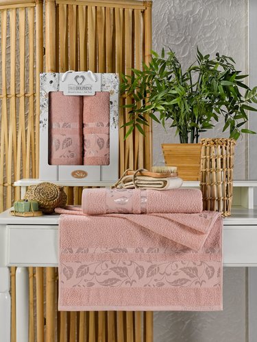Подарочный набор полотенец для ванной 50х90, 70х140 Two Dolphins SOKE хлопковая махра пудра, фото, фотография