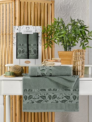 Подарочный набор полотенец для ванной 50х90, 70х140 Two Dolphins SOKE хлопковая махра зеленый, фото, фотография