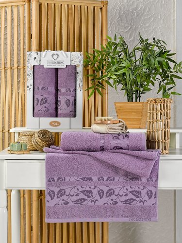 Подарочный набор полотенец для ванной 50х90, 70х140 Two Dolphins SOKE хлопковая махра лиловый, фото, фотография
