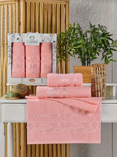 Подарочный набор полотенец для ванной 50х90(2), 70х140(1) Two Dolphins SOKE хлопковая махра розовый, фото, фотография