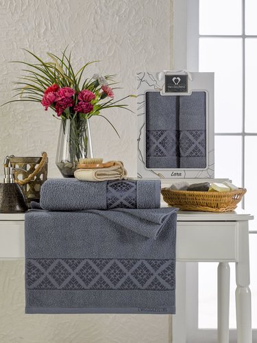 Подарочный набор полотенец для ванной 50х90, 70х140 Two Dolphins LARA хлопковая махра темно-серый, фото, фотография